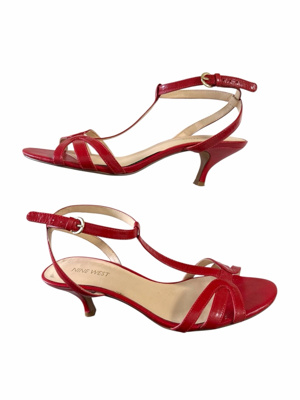 Nine West Red Leather T-Strap Kitten Heel Sandals - Picture 3 of 7